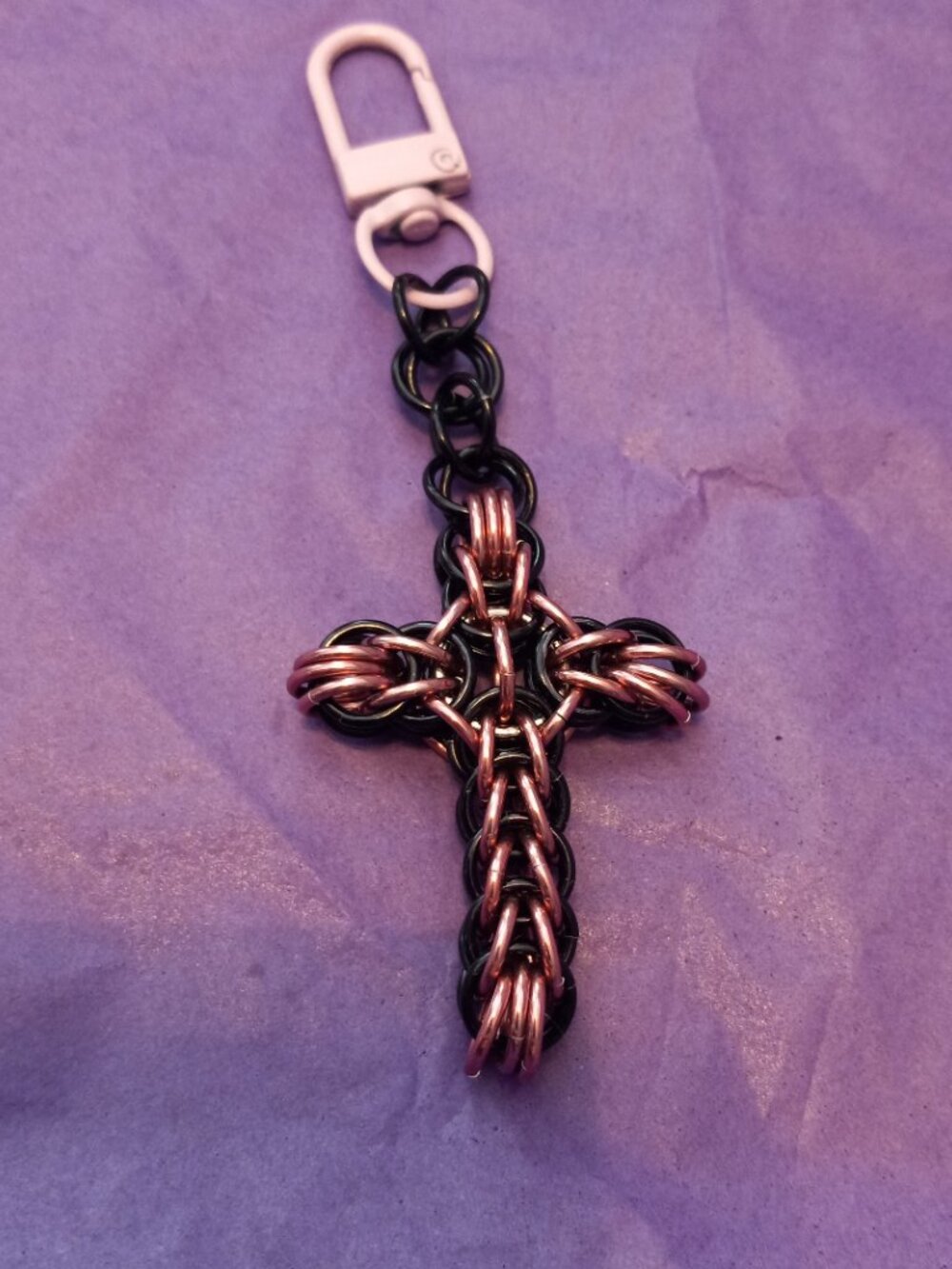 Pink & Black Chain Mail Cross Keychain/bag charm